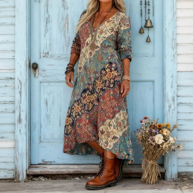 Long-Sleeve Vintage Dress Featuring Ethnic Print