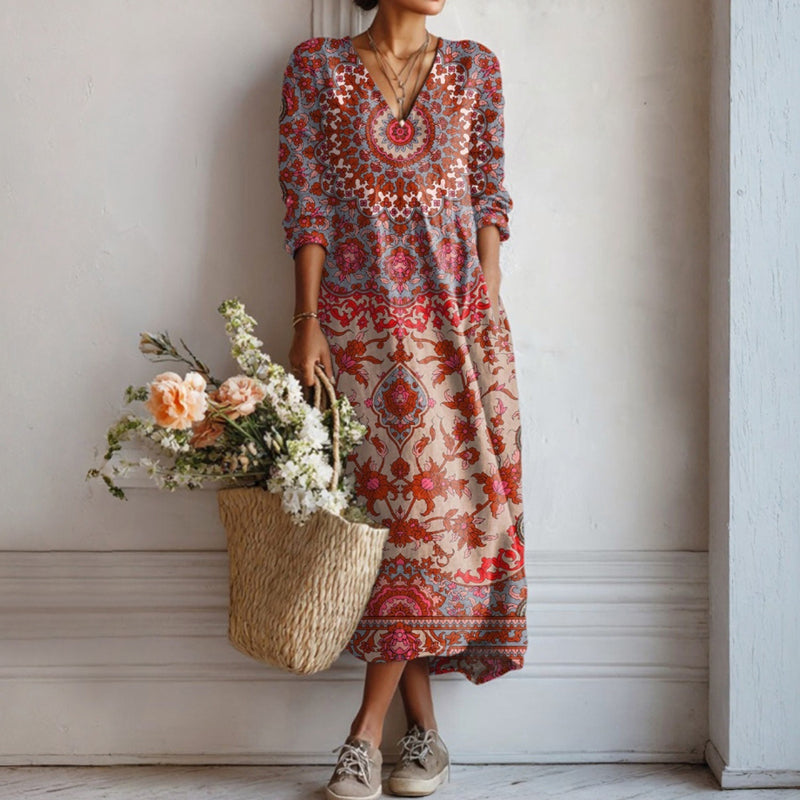 Ethnic-Style Vintage Dress with Long Sleeves