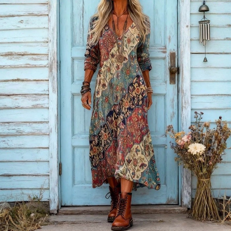 Long-Sleeve Vintage Dress Featuring Ethnic Print