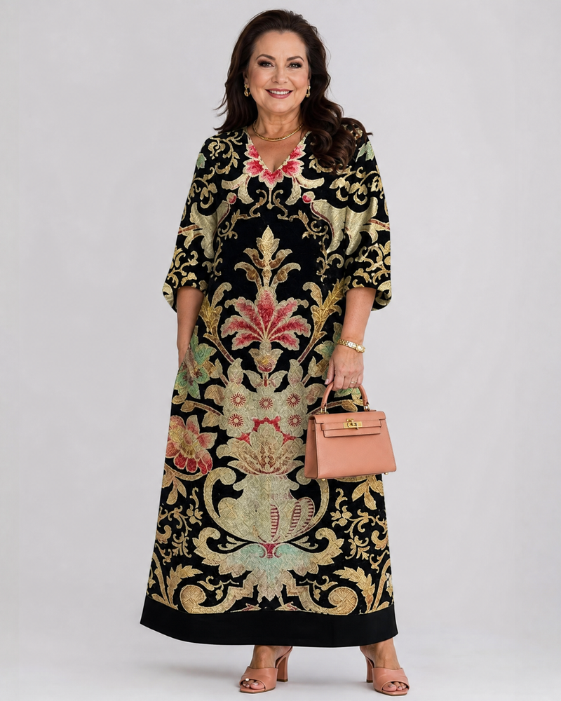 Thymera | Vivid Vintage Pattern Pocket Detail Midi Dress