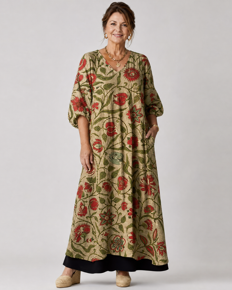 Rimla | Botanical Print Relaxed Three Quarter Sleeve Midi Dress