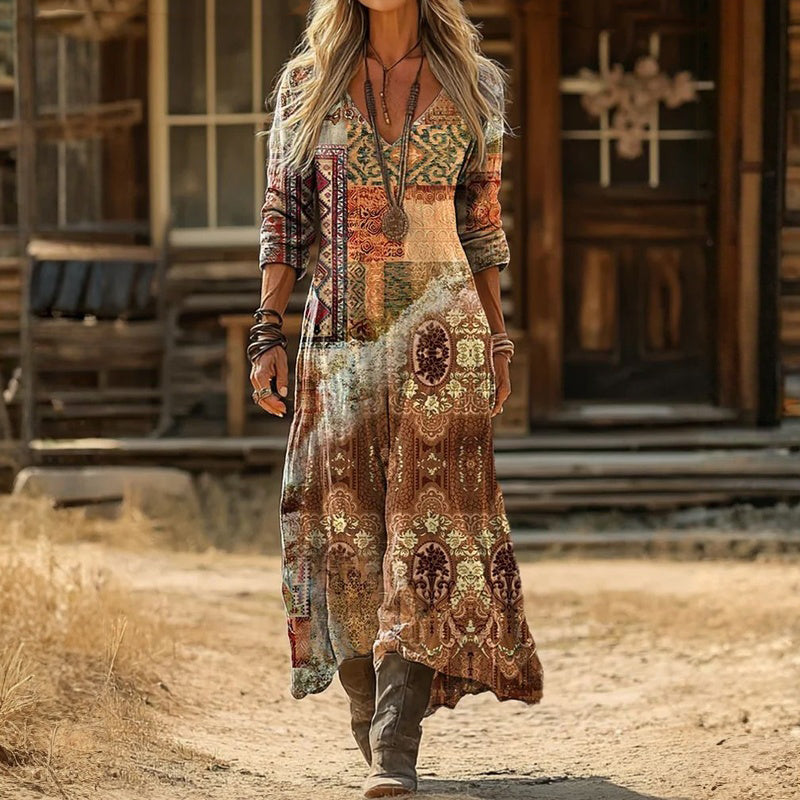 Ethnic-Style Vintage Dress with Long Sleeves