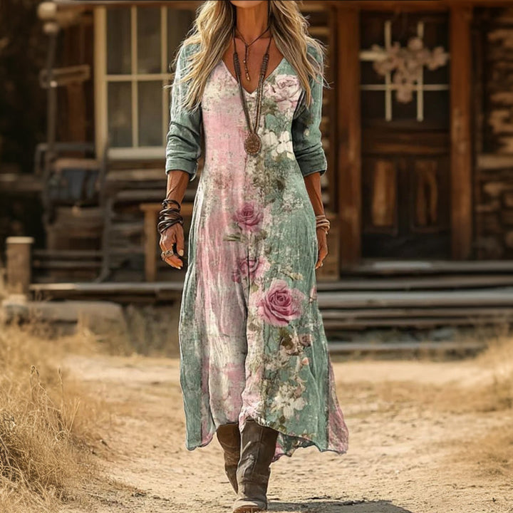 Vintage Floral Pattern Long-Sleeve Dress