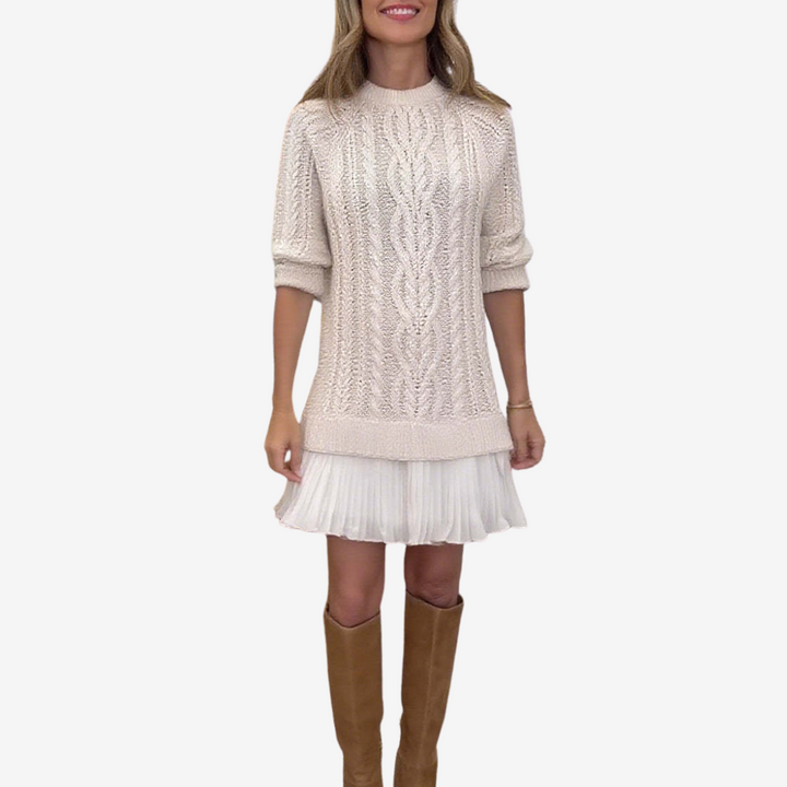 Clara - Cable Knit Sweater Dress with Pleated Hem