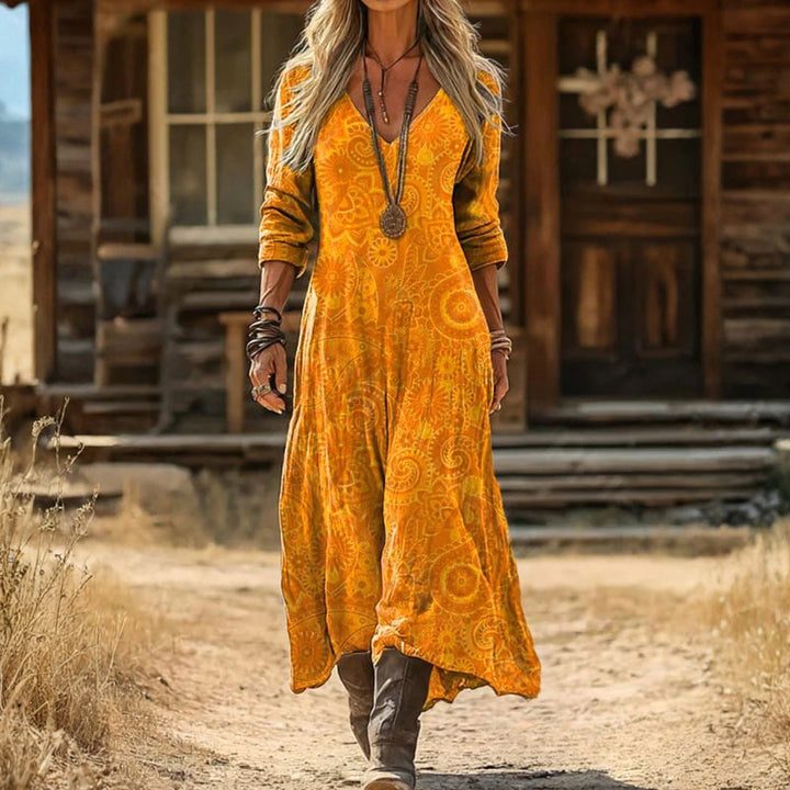 Floral Pattern Vintage Dress with Long Sleeves