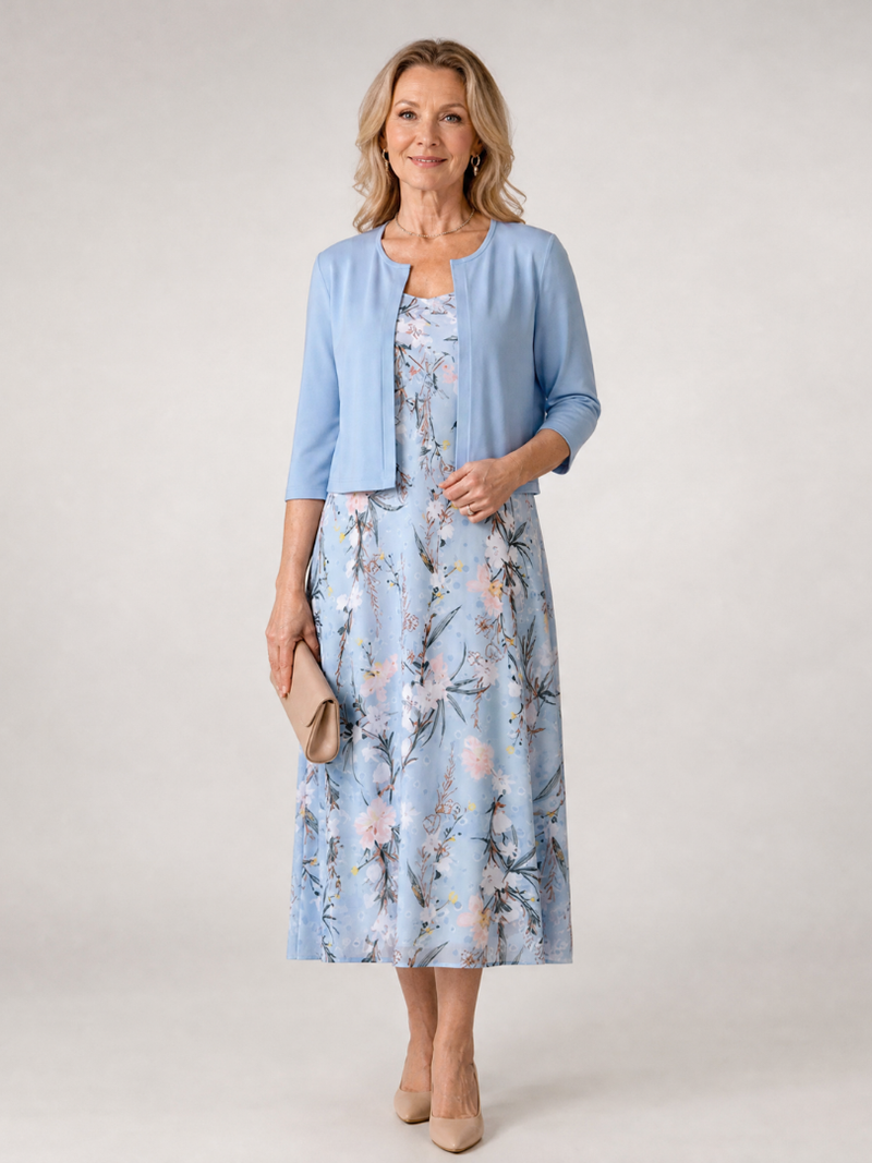 Celeste | Floral Print Sleeveless Cropped Jacket Midi Dress