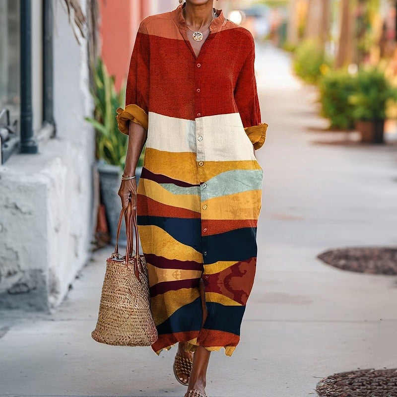 Casual Color Block Dress with Long Sleeves