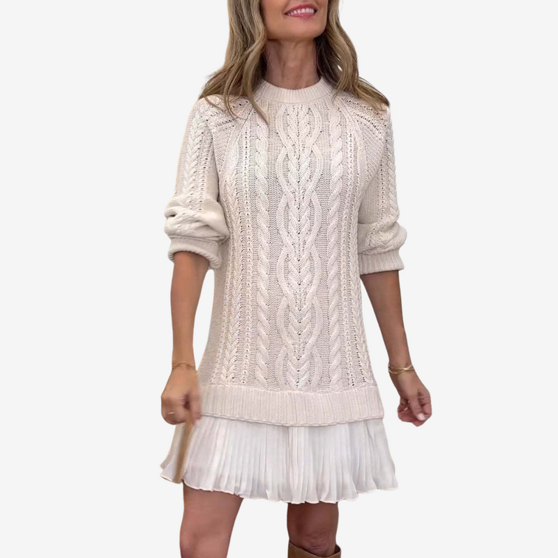 Clara - Cable Knit Sweater Dress with Pleated Hem