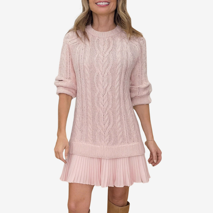 Clara - Cable Knit Sweater Dress with Pleated Hem