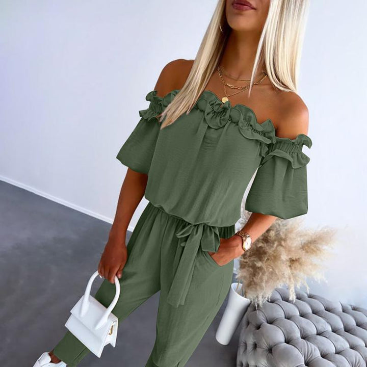 CAMILA – Chic Off Shoulder Frill Tie-Waist Jumpsuit