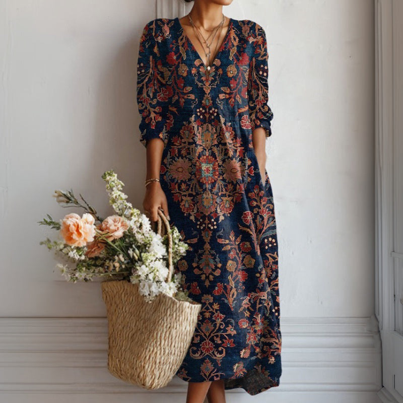 Vintage-Inspired Long-Sleeved Dress with Ethnic Design