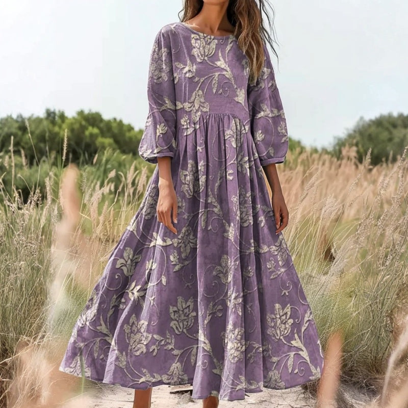 Floral Pattern Vintage Dress with Long Sleeves