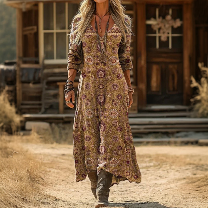 Long-Sleeve Vintage Ethnic Print Dress