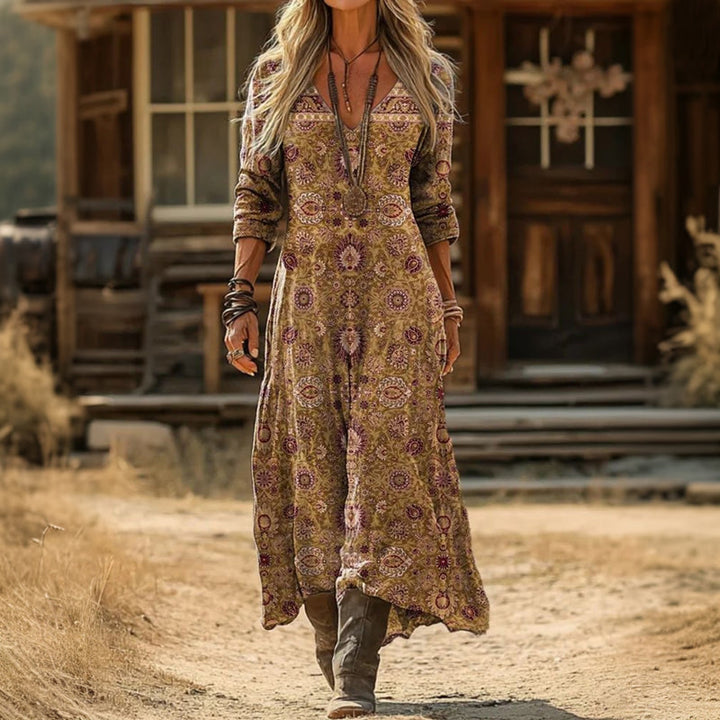 Long-Sleeve Vintage Ethnic Print Dress