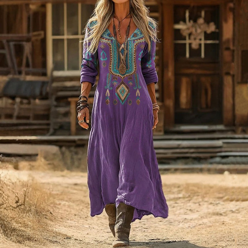 Long-Sleeve Vintage Dress Featuring Ethnic Print
