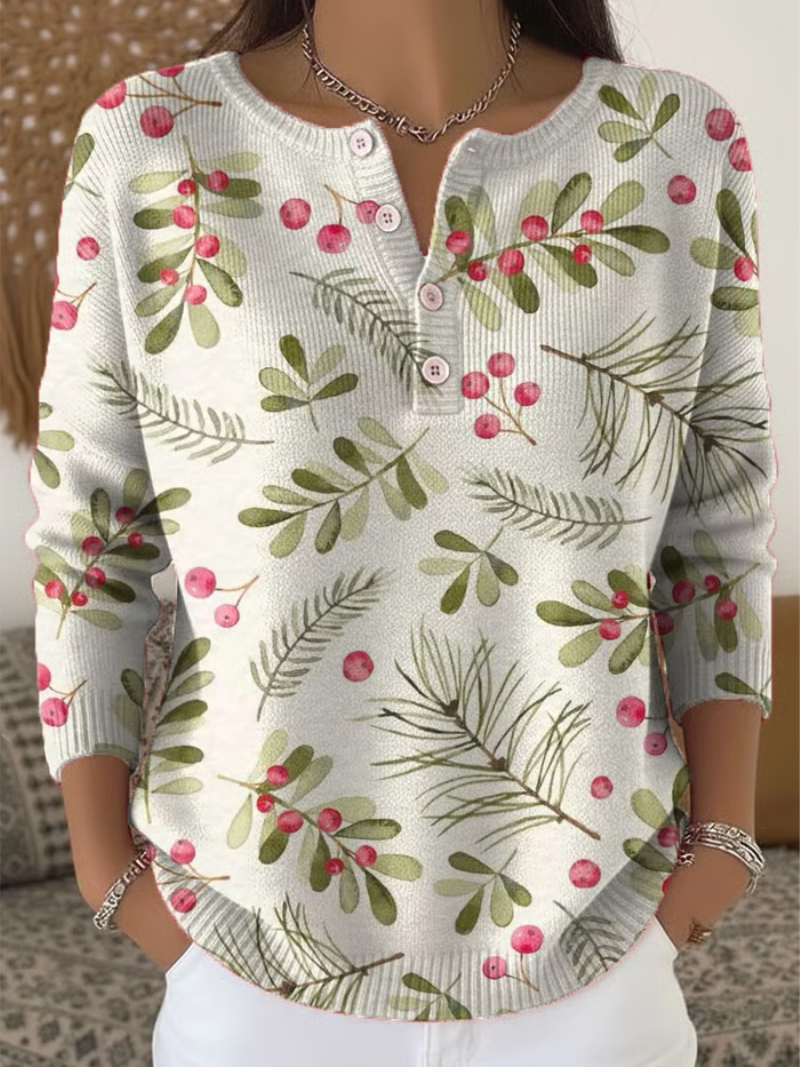 Evelyn - Christmas Jumper with Pine Branch and Berry Print