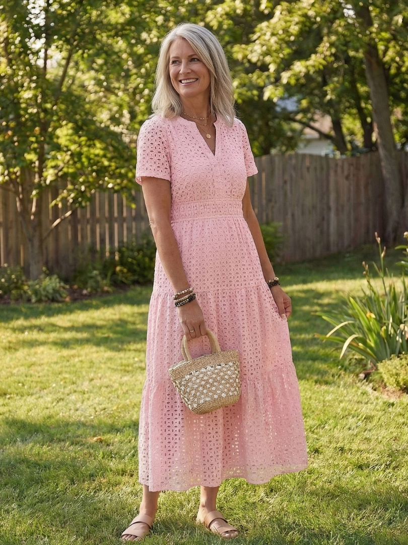 short sleeve eyelet dress M Italy Short Sleeve Eyelet Dress
