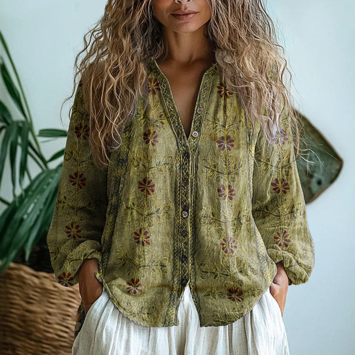 Elora - Bohemian Floral Button-Up Blouse
