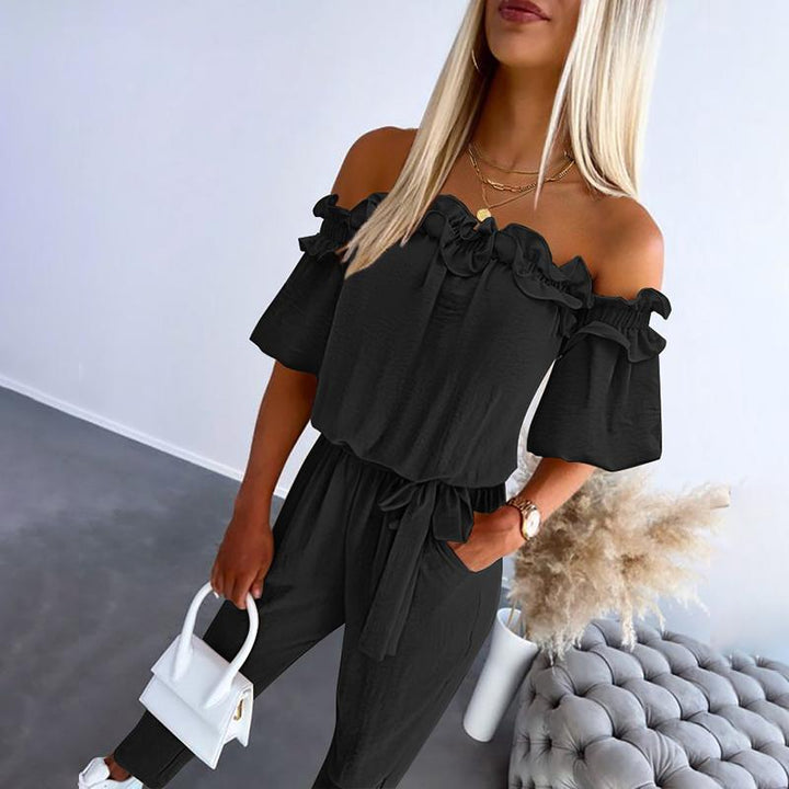 CAMILA – Chic Off Shoulder Frill Tie-Waist Jumpsuit